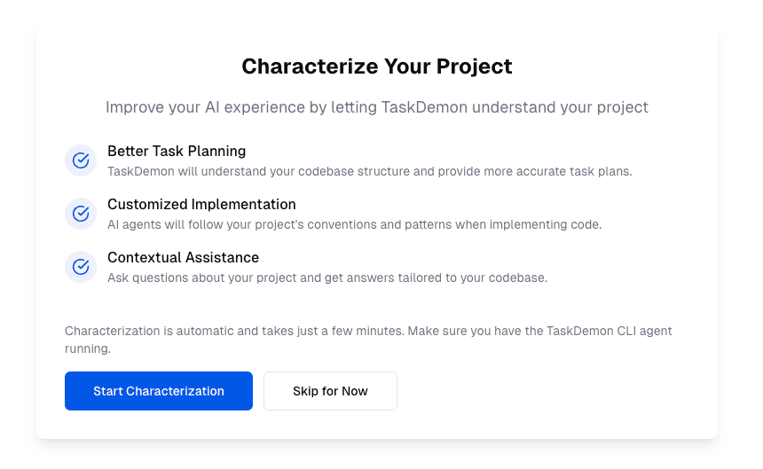 Task Demon characterization interface showing project analysis