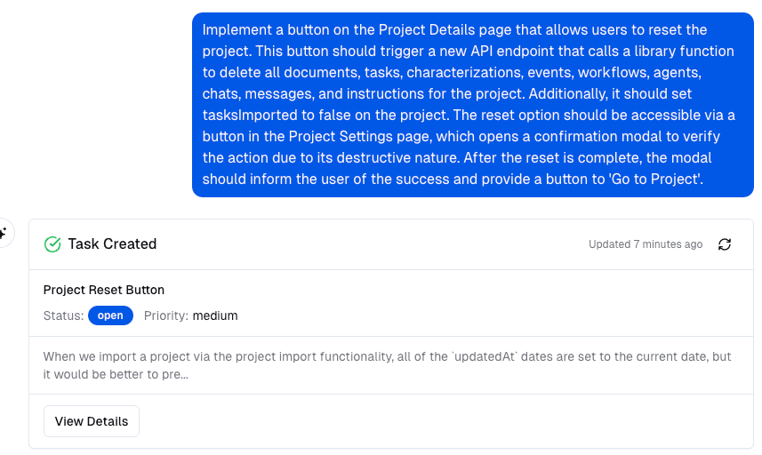 Project reset task creation prompt
