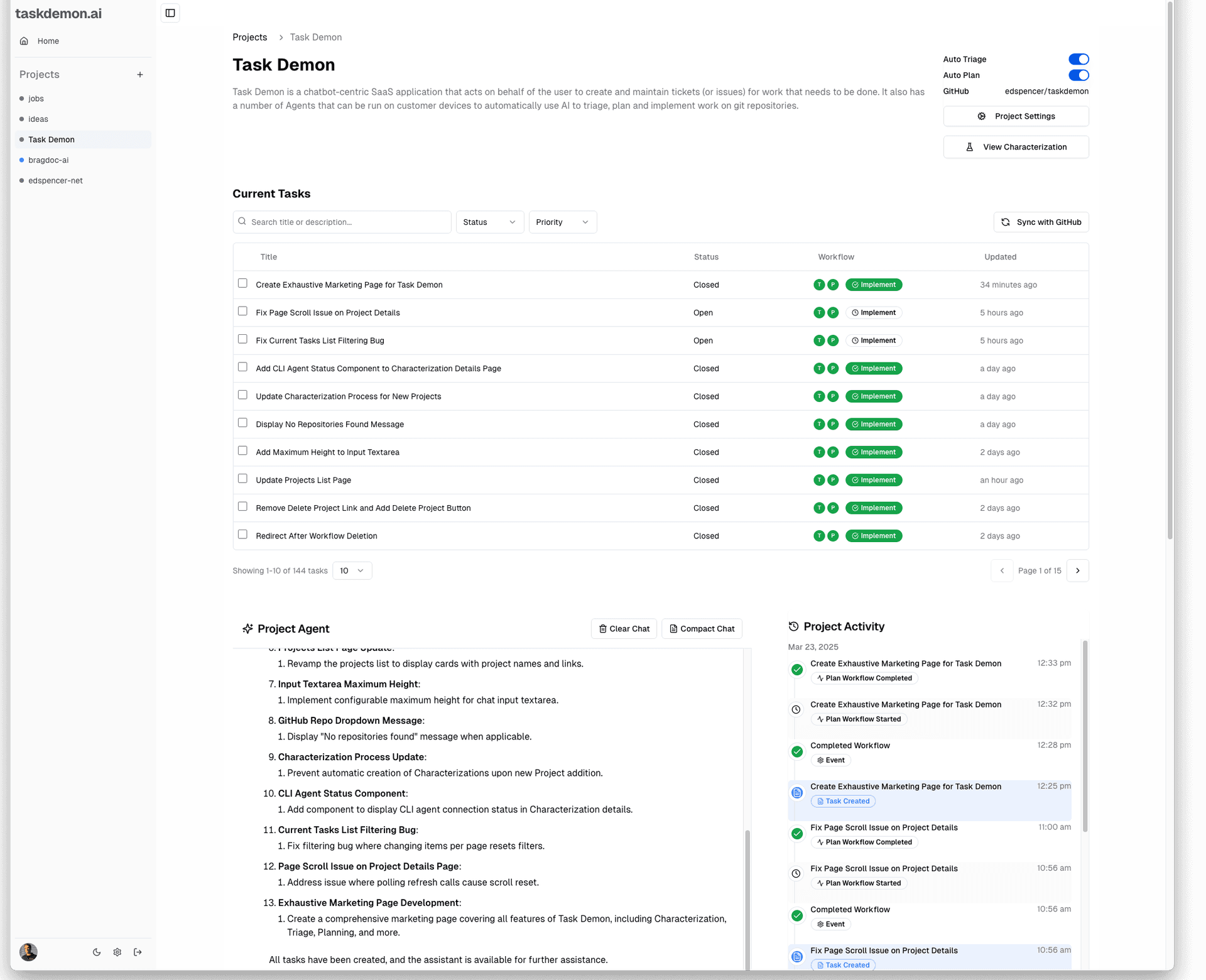 Task Demon interface showing project task management